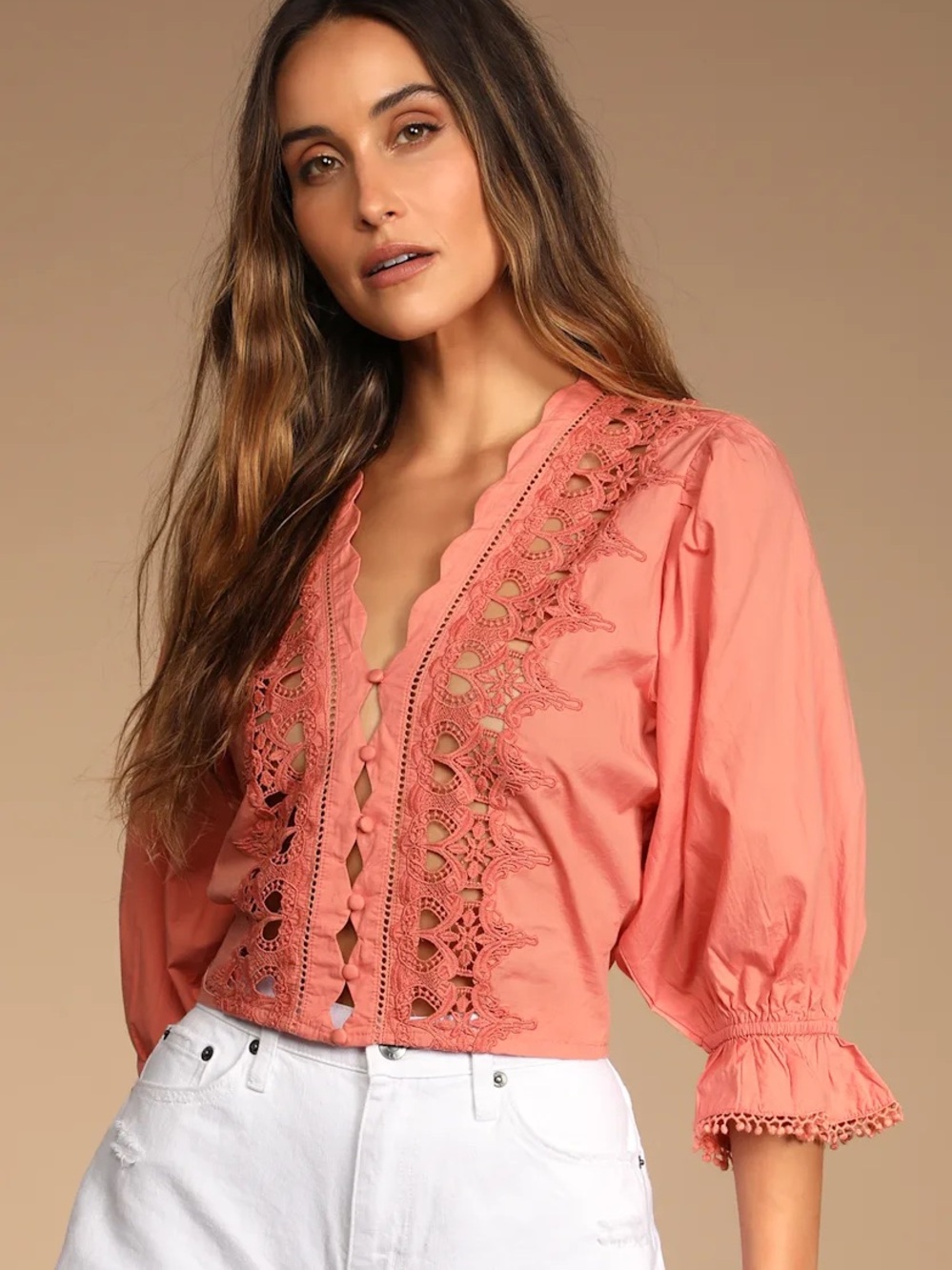 Free People Louella Peach Cotton Embroidered Puff Sleeve Top